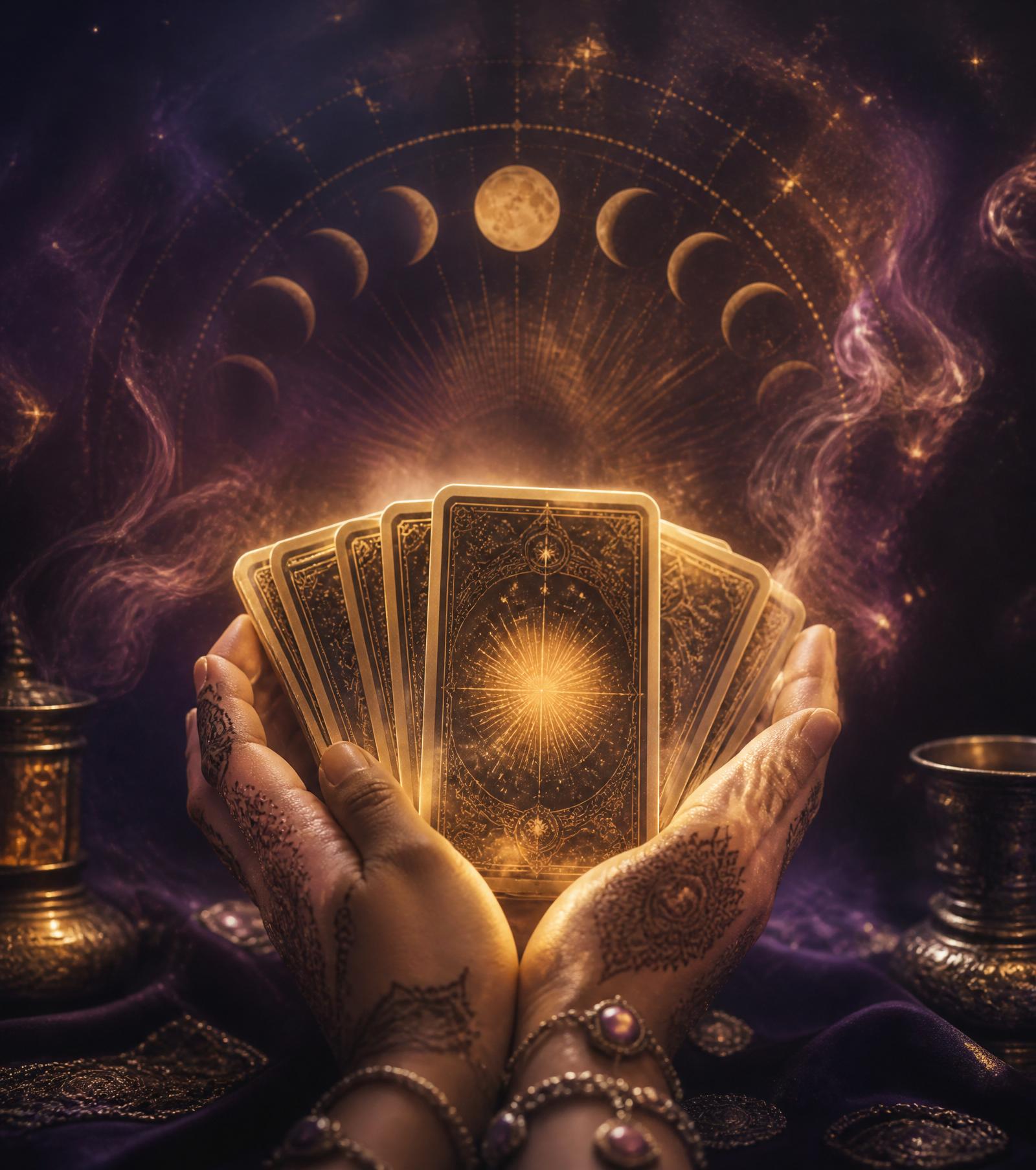 Aishney Verma reading illuminated tarot cards under a celestial arch